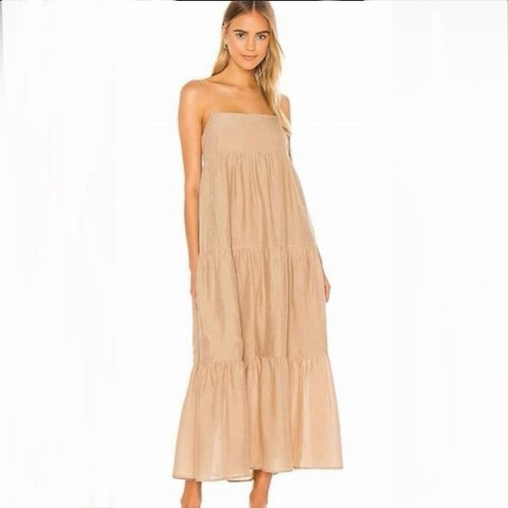 L'Academie Kiyama Tiered Tan Beige Maxi Dress sz XL Linen Cotton Tencel NWOT